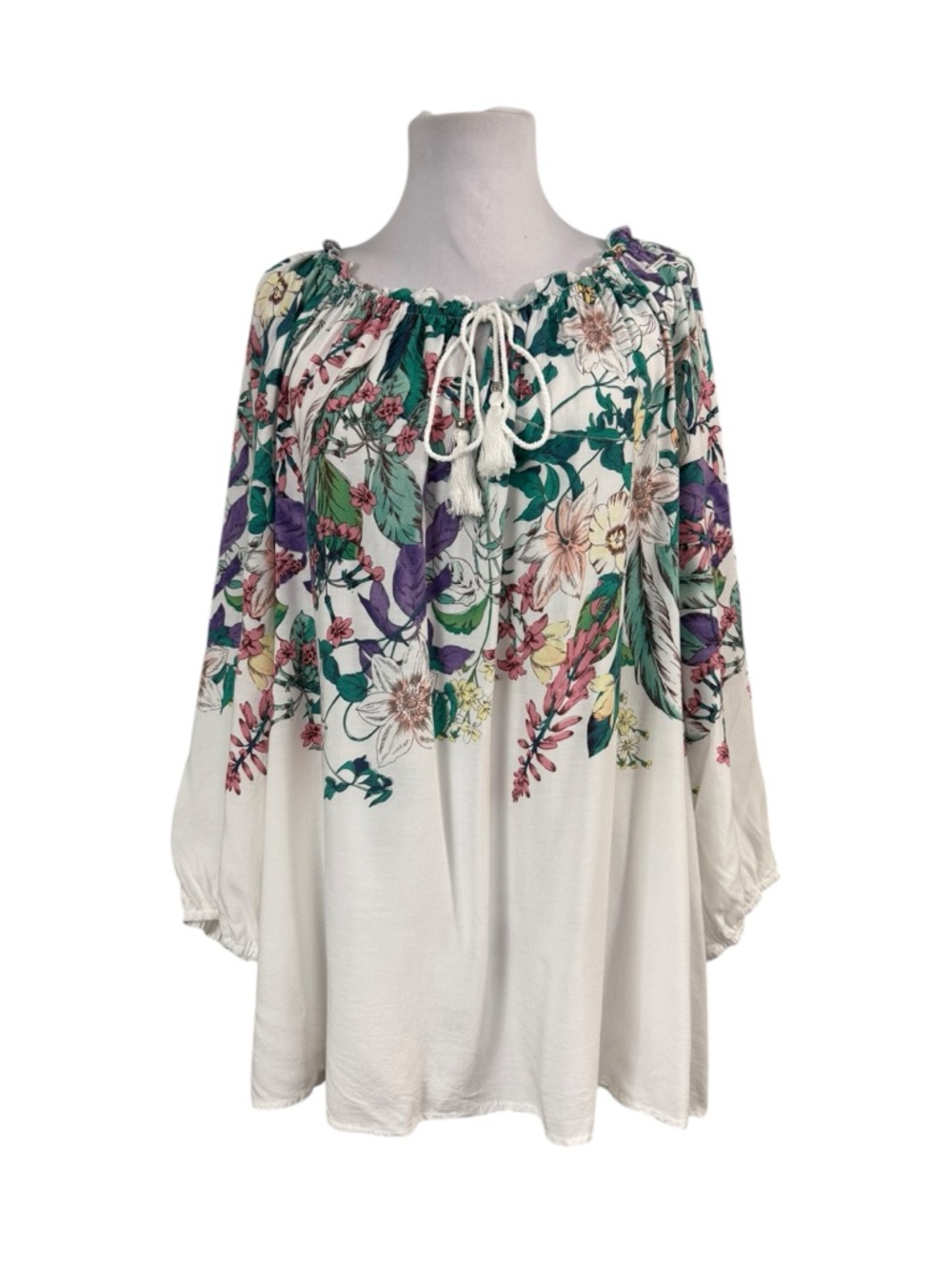 Cato 22W 24W Peasant Blouse Elastic Tie Neck Floral 3/4 Sleeves Boho Relaxed